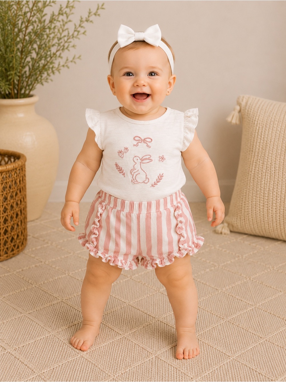 Cloud Island Bunny Embroidered Pink Stripe Baby Outfit Set Bloomers | Size 6–9M